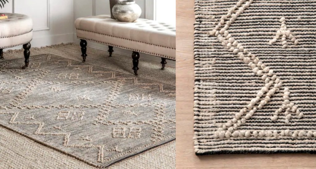 gray and cream tufted rug with geometric shapes