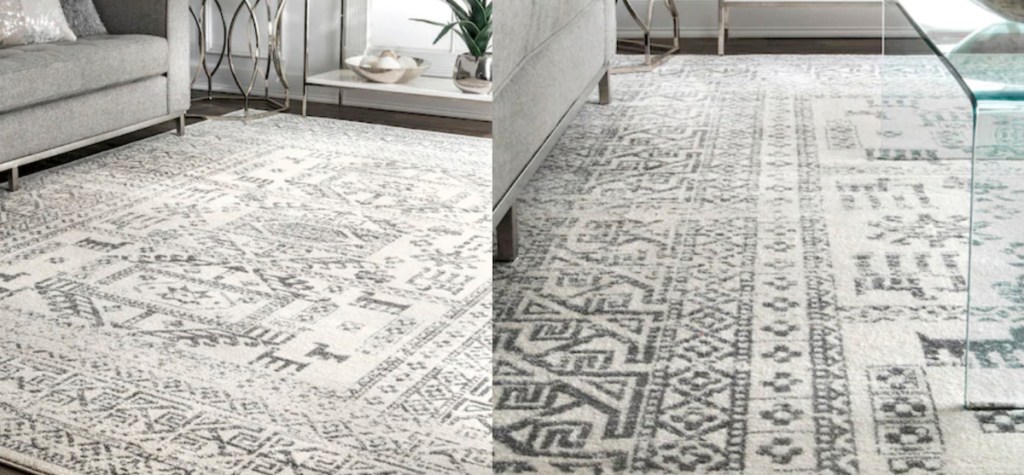 white and dark gray tribal printed run on wood floor