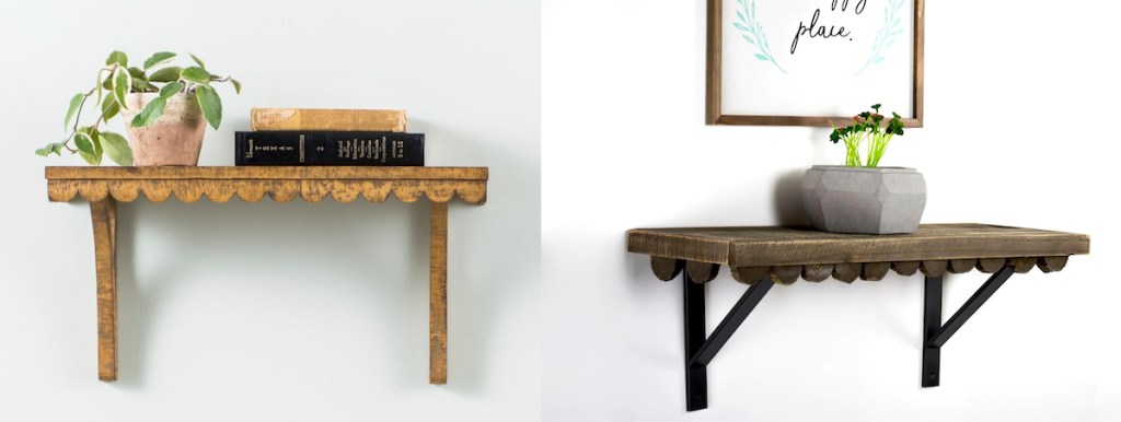 gold scalloped shelf on wall with plant books and dark wood shelf on wall