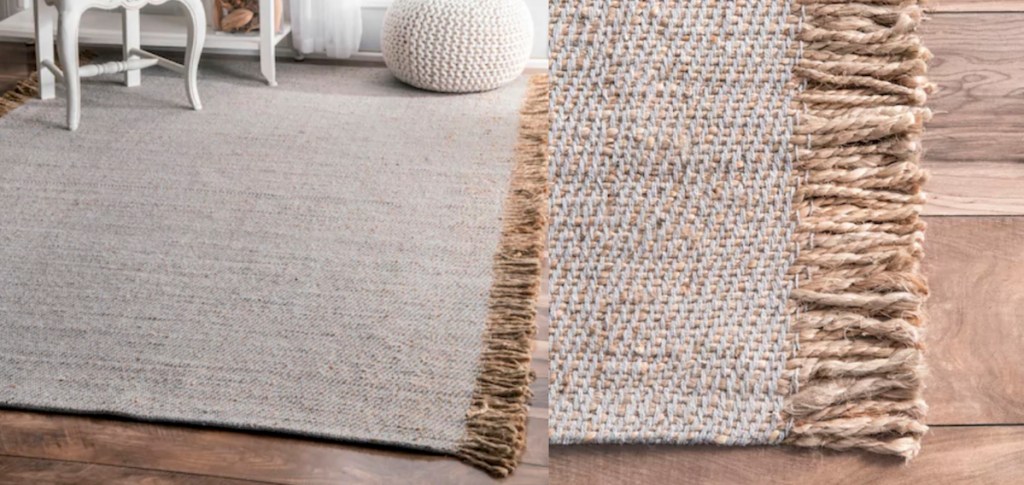 gray and natural colored tassel rug on wood floor