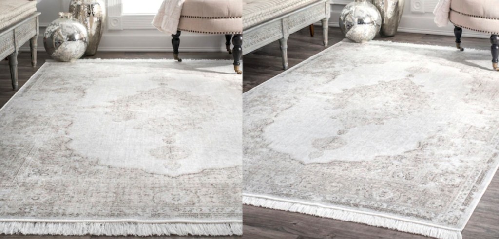 gray and white traditional style rug on wood floor 