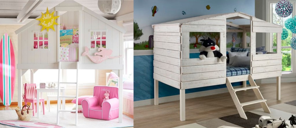 white wood treehouse style loft bed with pink decor and blue room with stuffed animals on bed