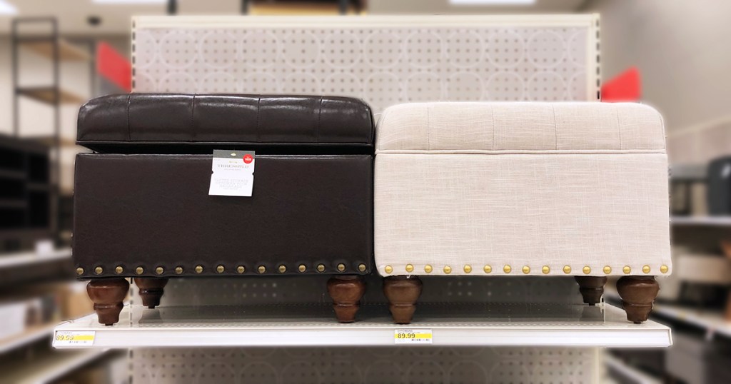 target home furniture finds — leather and twill contrasting storage ottomons