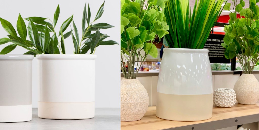 stock photo of white vase next to ceramic vases in store on shelf