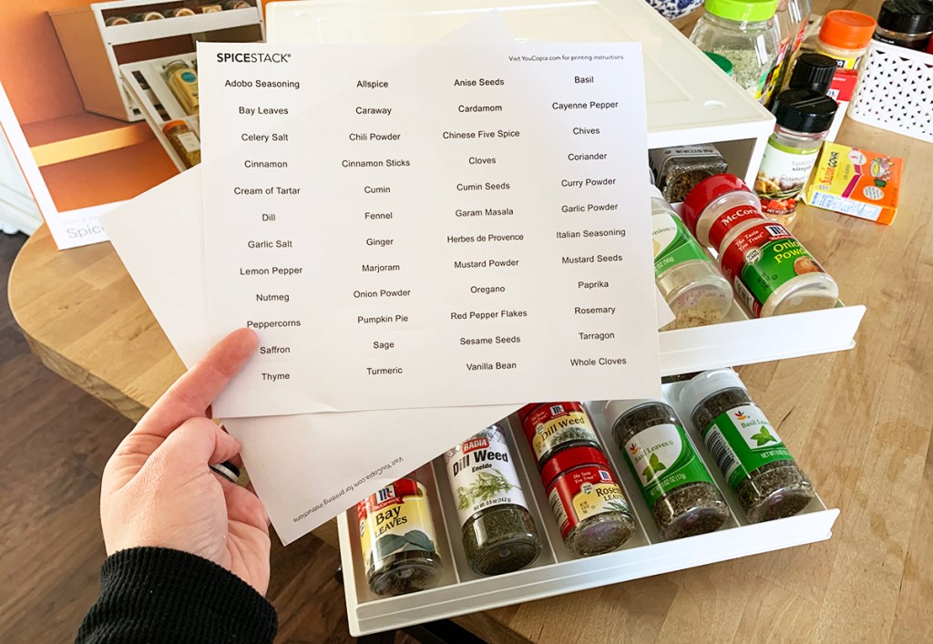 organizing spices — holding up spice sticker sheets