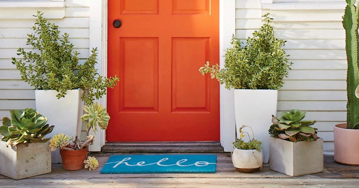 blue hello doormat & colorful orange door 