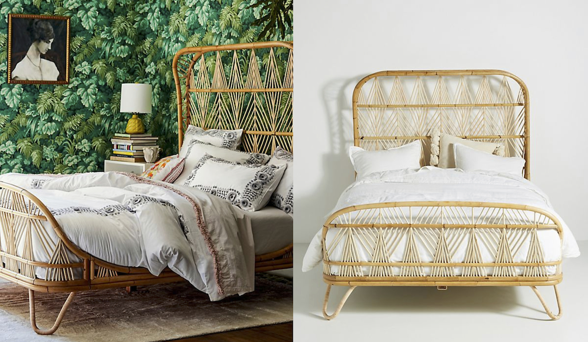 anthropologie rattan bed in a jungle theme room next to same bed in white room