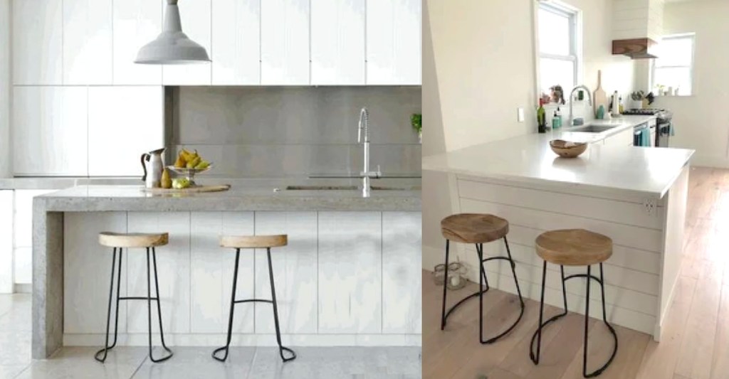 white modern kitchen with wood and iron barstools white pendant light and white countertops