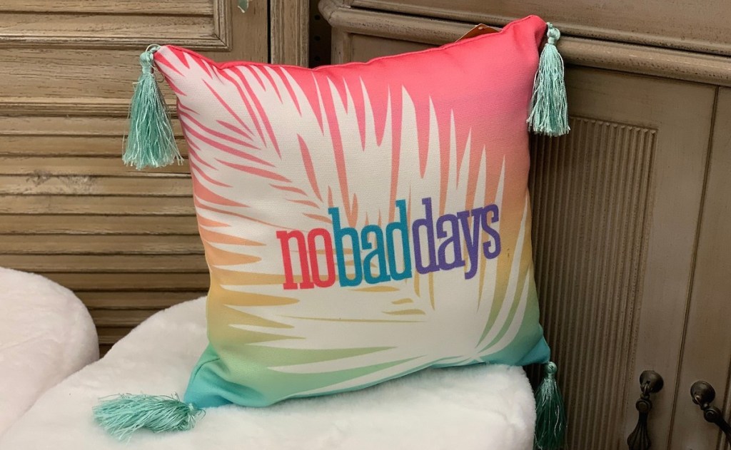 no bad days palm leaf rainbow pillow with blue tassels
