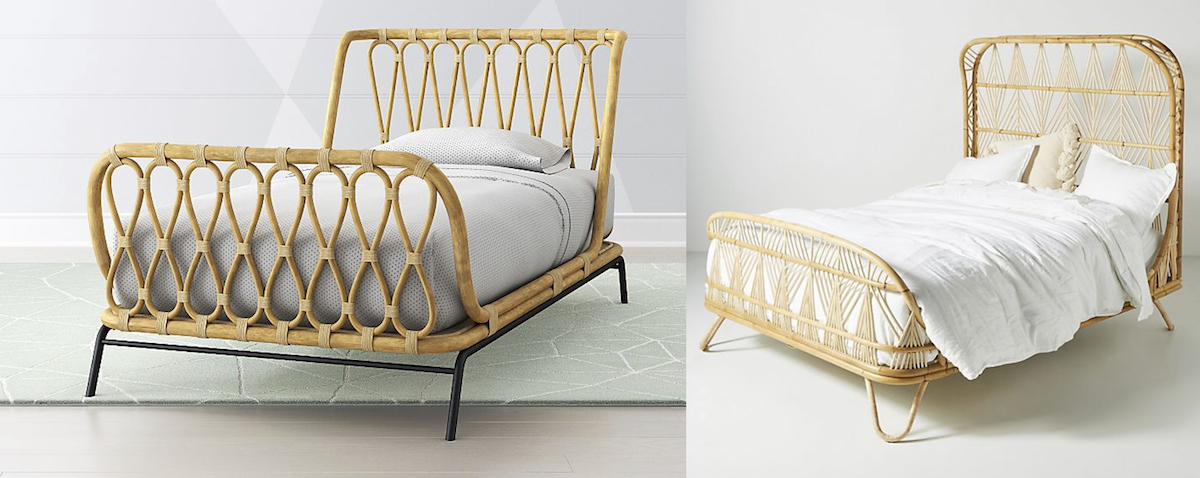anthropologie and crate kids rattan beds side by side staged in room