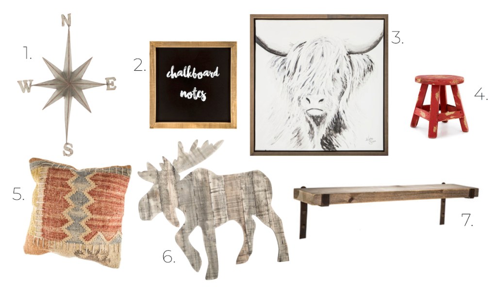 rustic room design board compass chalkboard bull print red stool pillow moose wood plank shelf