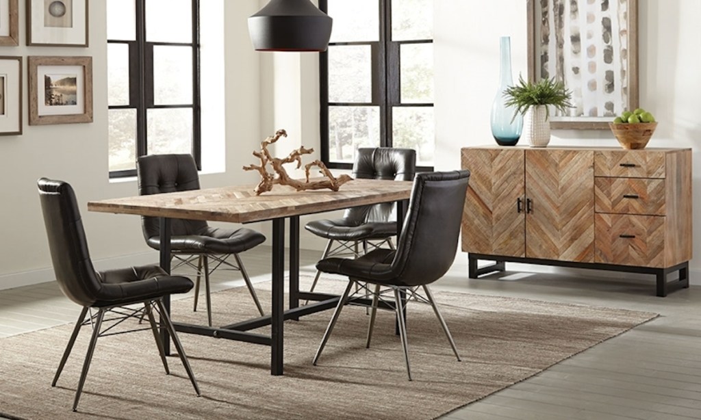 modern industrial dining room set with herringbone table black leather chairs