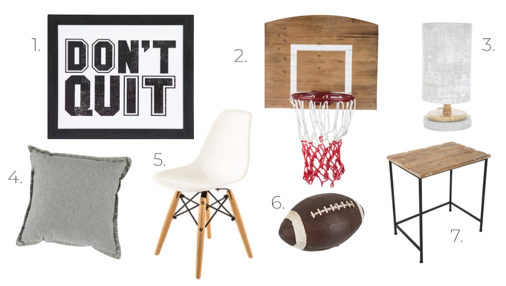 sports design board don't quit print basketball hoop whtie chair football gray pillow