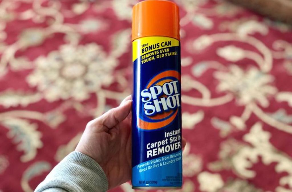 hand holding a bottle of spot shot carpet cleaner with red rug in background
