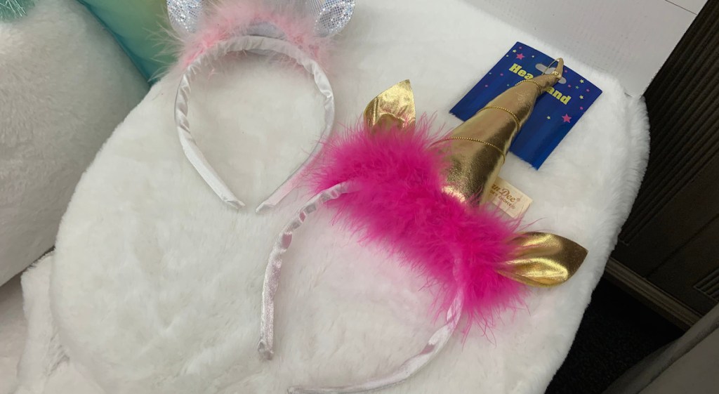 unicorn headband with hot pink faux fur and gold horn and ears
