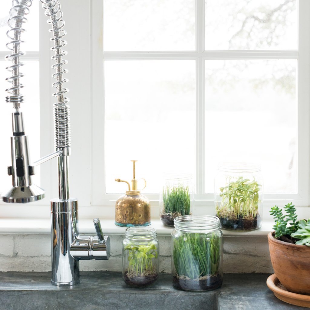 Magnolia faux sprout jars sitting on counter by sink 