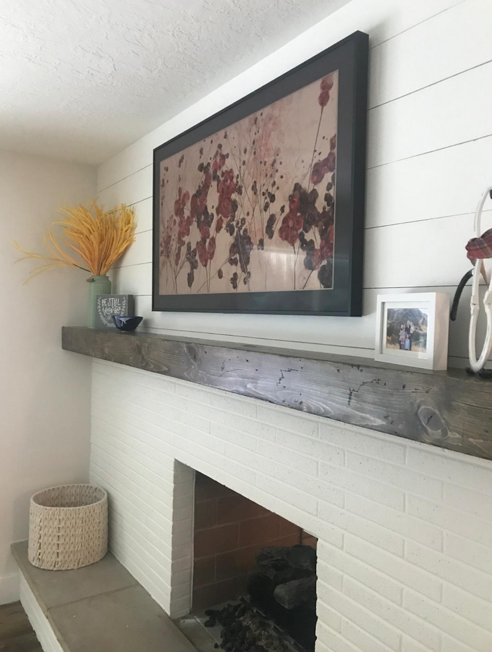 Samsung Frame TV over brick fireplace 