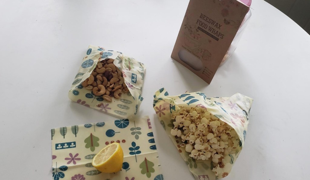 snacks in decorative bags on white counter