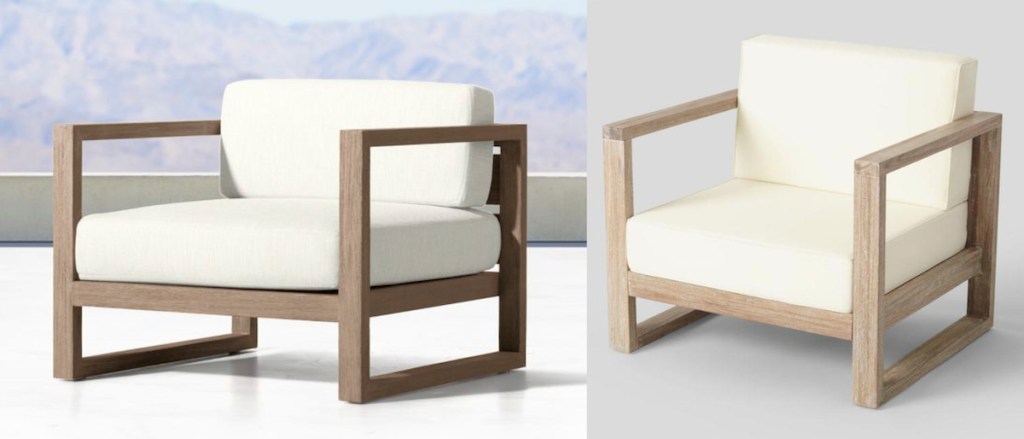 two side by side comparisons of white and wood modern chair