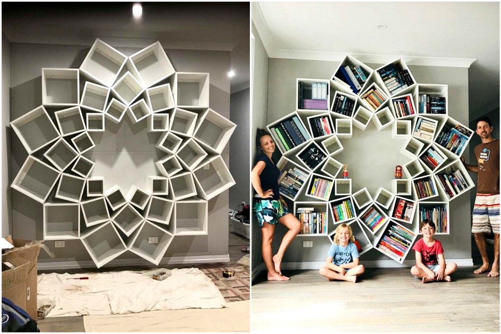 couple building flower shaped bookshelf