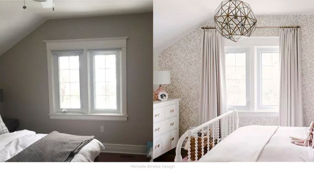before and after of dark room with one window next to white room with curtains
