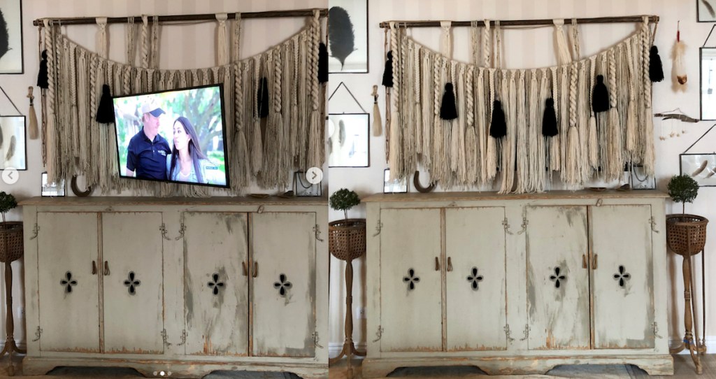 before and after of tv hiding behind macrame banner with wood cabinet below