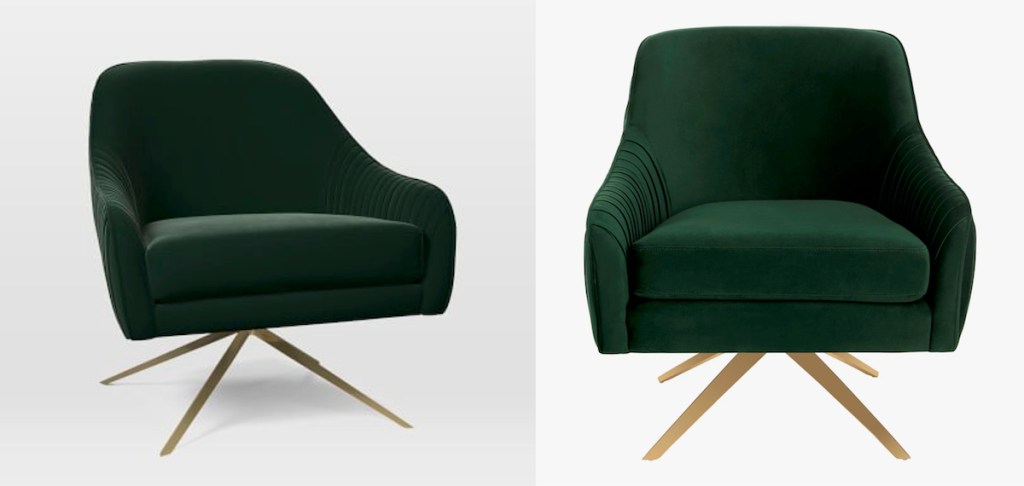 two emerald green swivel chairs side by side with stock photo backgrounds