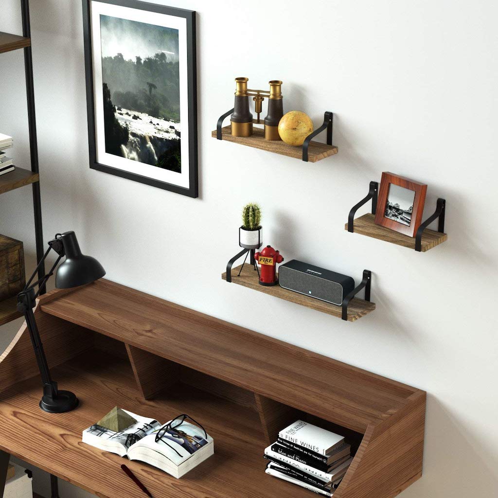 wall mounted floating shelves in office 