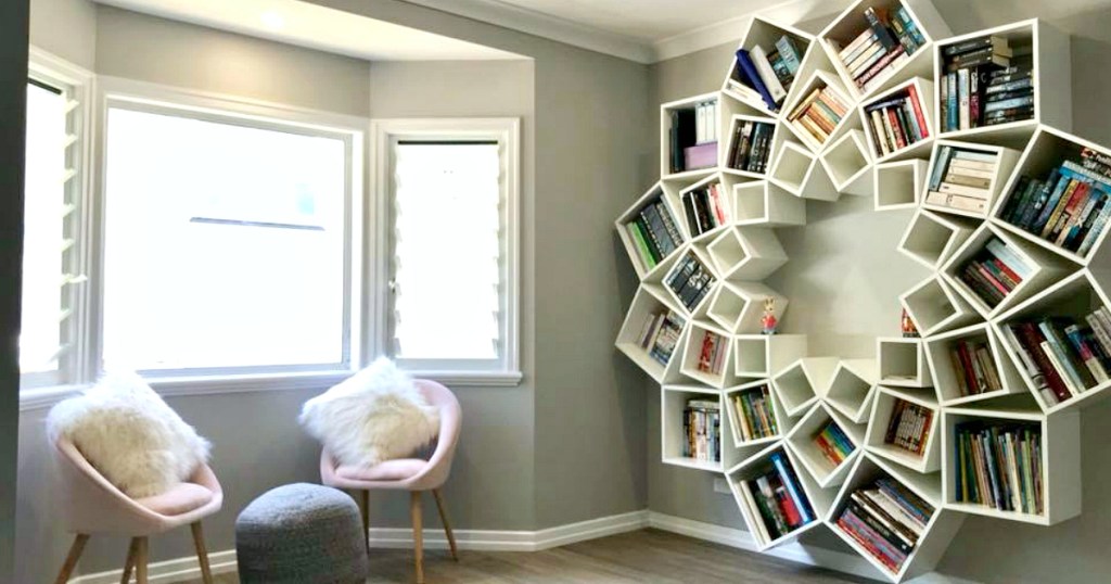 flower bookshelf on wall