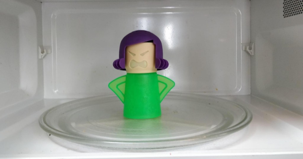 microwave with plastic green and purple lady sitting inside