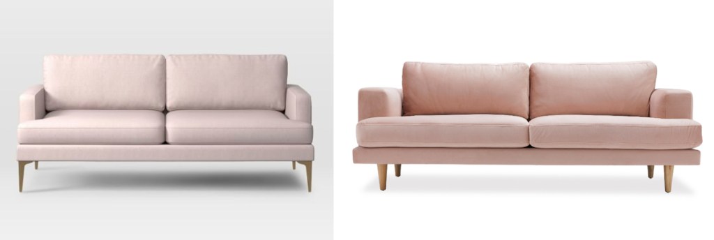 side by side photos of light pink and darker pink sofas