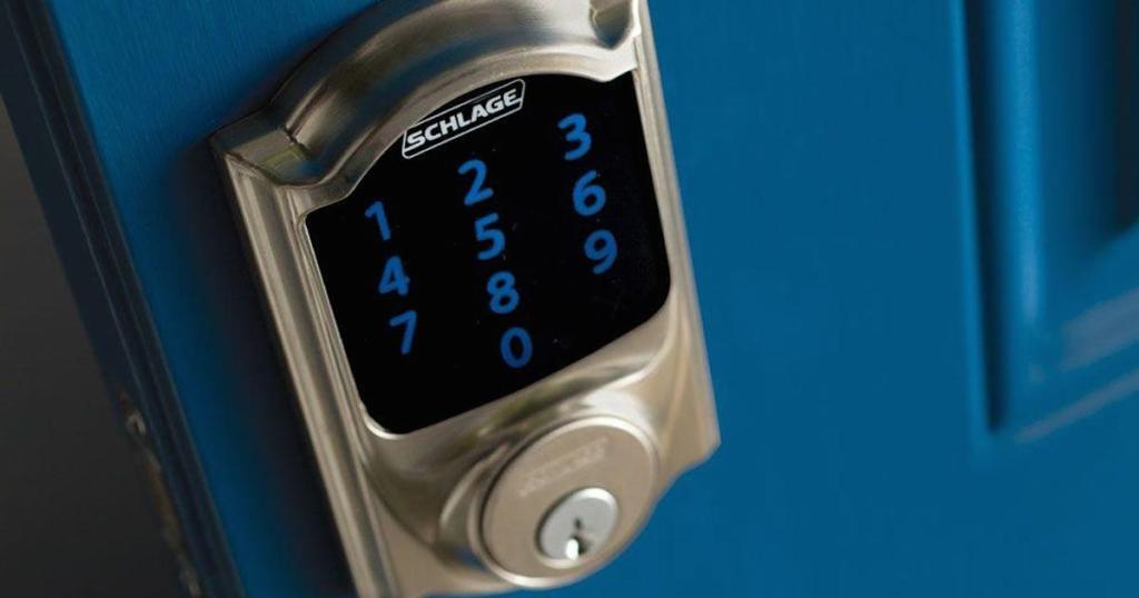 schlage digital lock keypad on a blue door