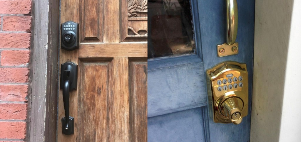 brown wood door with dark handle and lock next to blue door with brass handle and digital lock