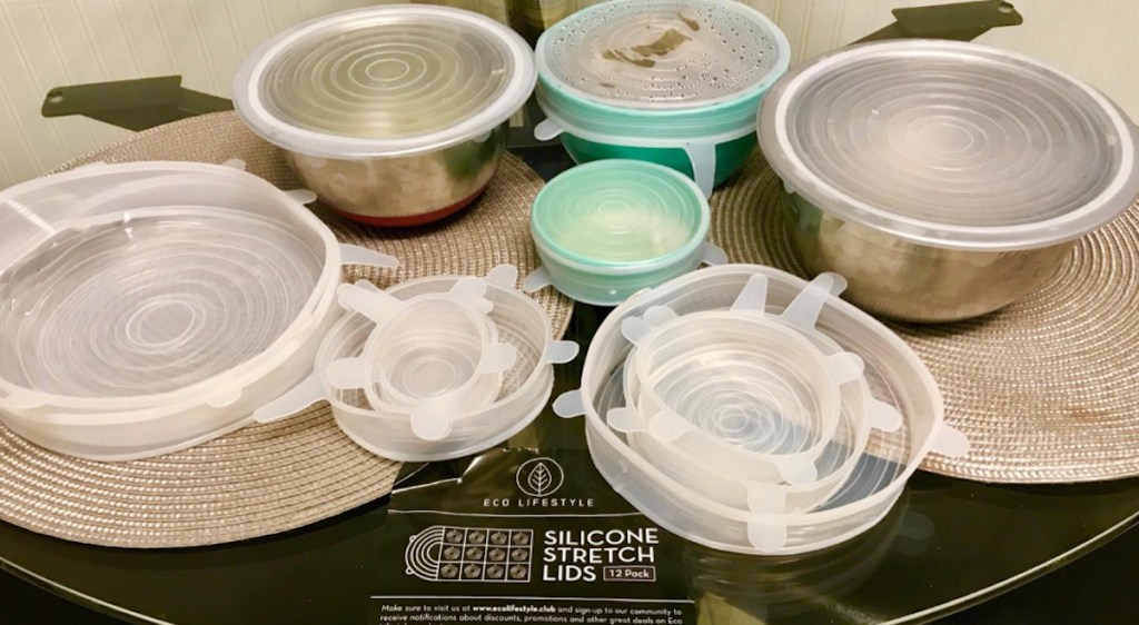 various silicon lids and bowls sitting on countertop