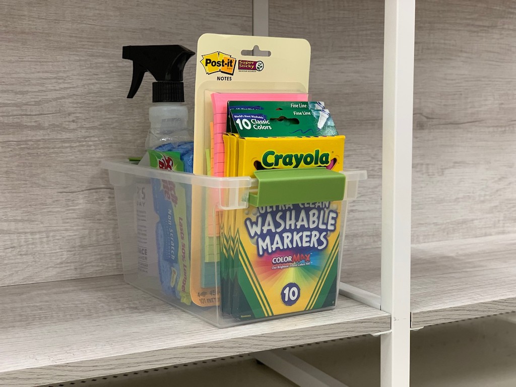 Storage bin organized with supplies at Target 