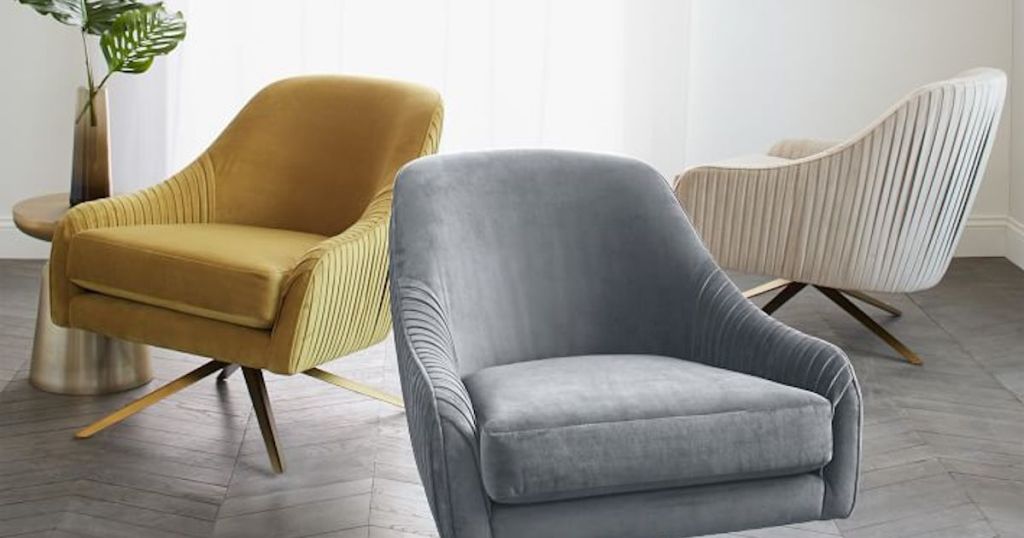 mustard yellow gray and off white velvet swivel modern chairs sitting on gray herringbone wood floor and window in back
