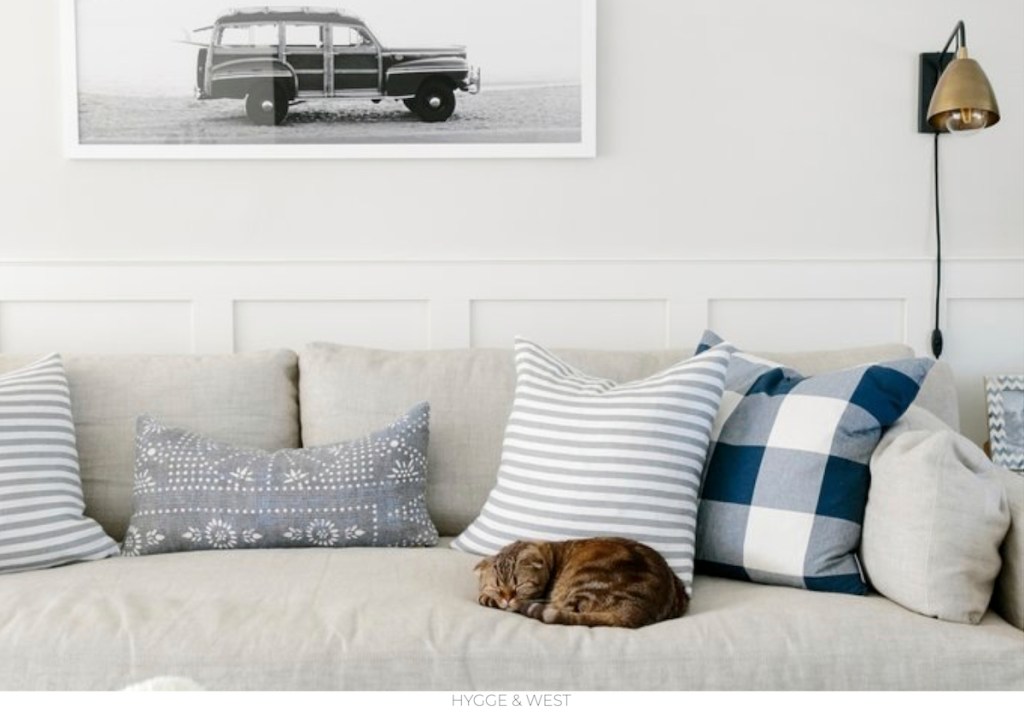 cat sleeping on beige sofa with blue and gray pillow and gold wall sconce on wall next to beach theme artwork