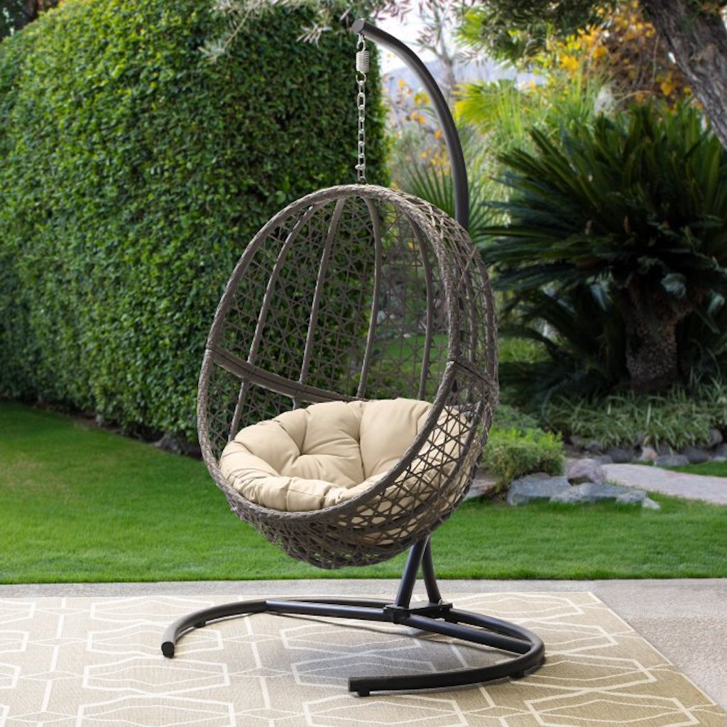 belham living resin wicker kambree rib hanging egg chair with cushion and stand