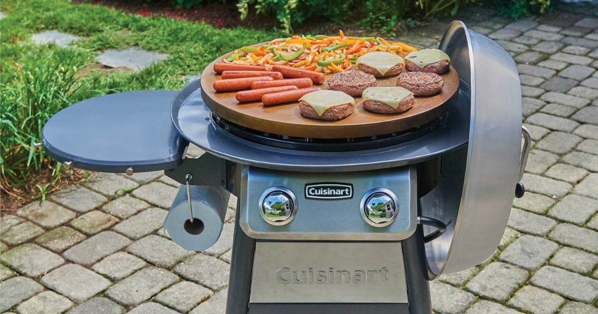 Burgers and hot dogs cooking on Cuisinart Griddle