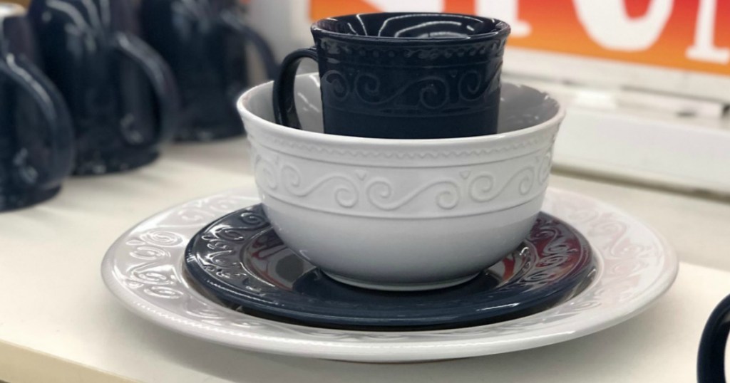 white and navy embossed dishes stacked at dollar tree