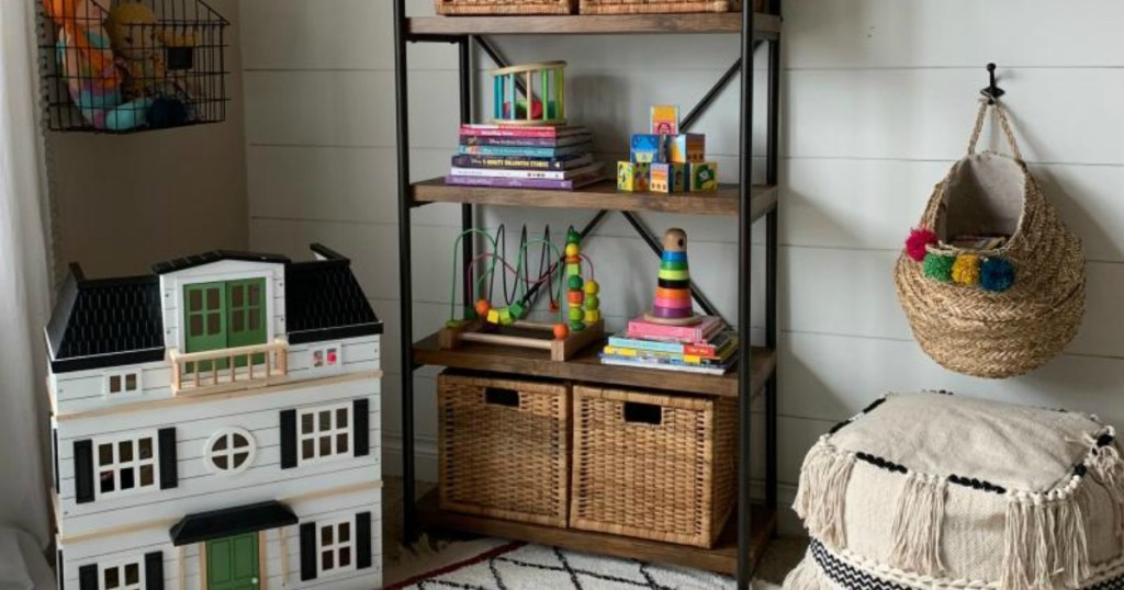 Industrial bookshelf in playroom with dollhouse 