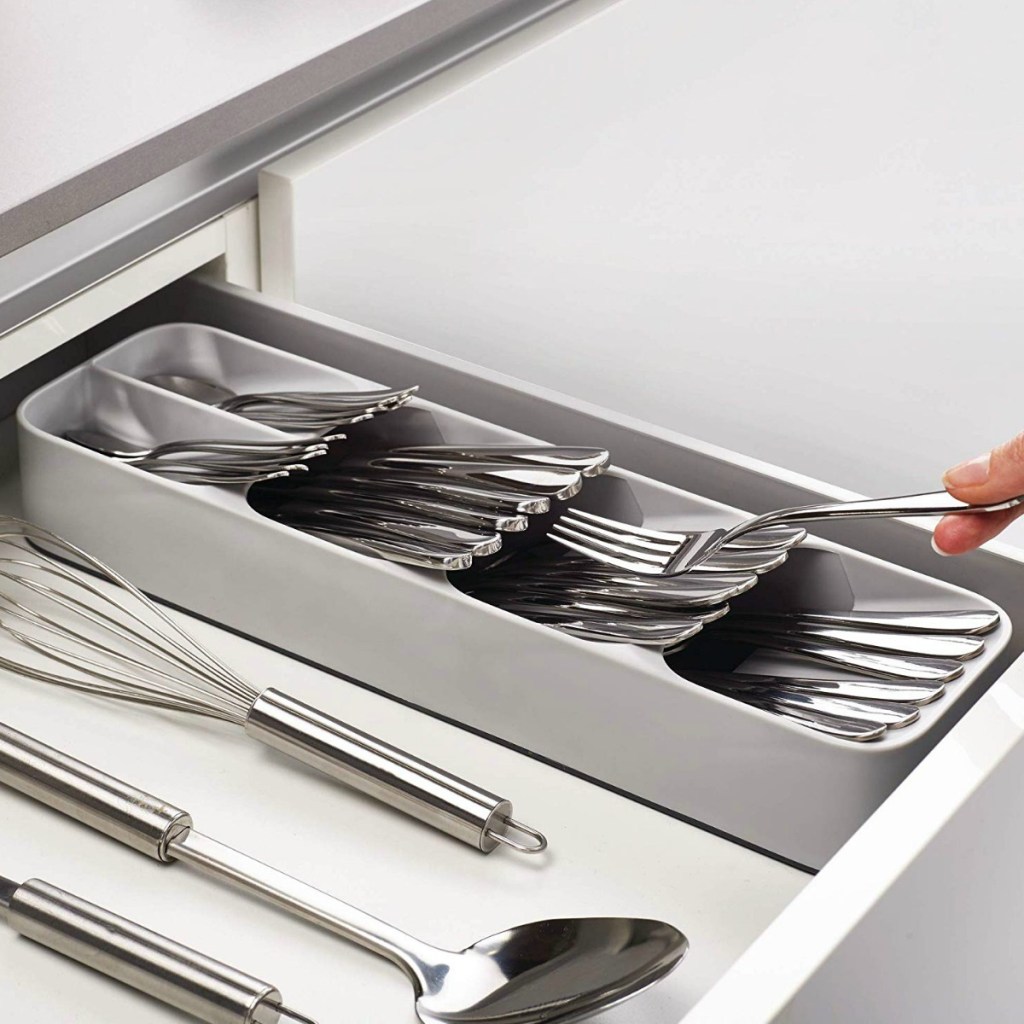 silverware in a grey organizational tray