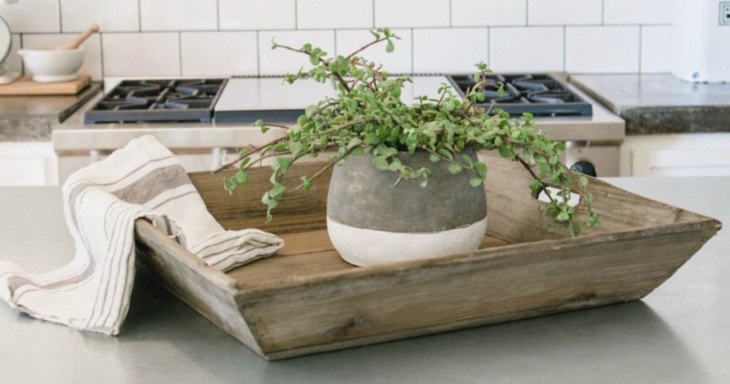 reclaimed wood tray on kitchen island with plant inside