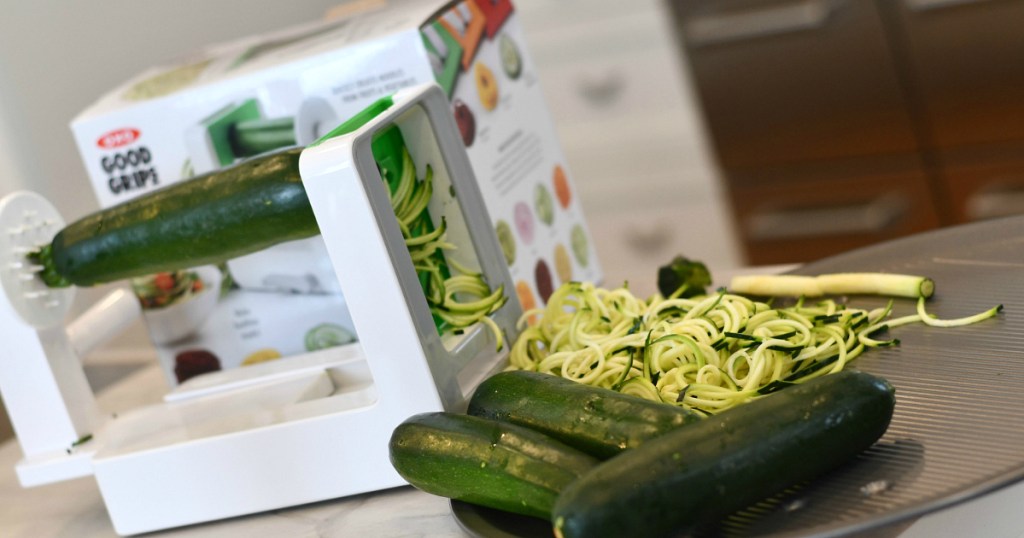 zucchini being spiraled by OXO Good Grips Tabletop Spiralizer