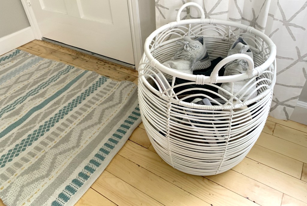 Collin's entryway with shoe basket and Opalhouse rug