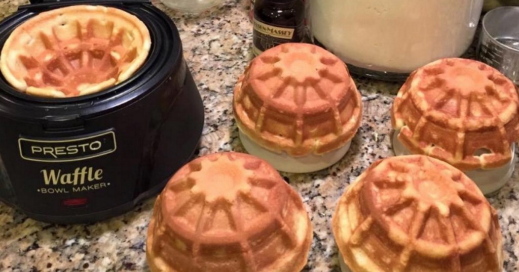 Presto waffle bowl maker with homemade waffle bowls on counter 