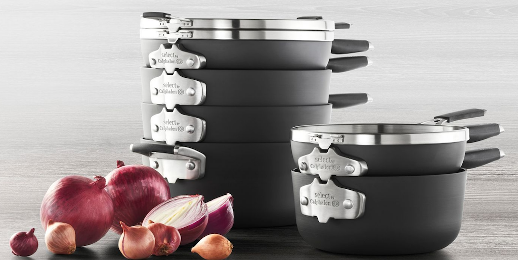 Select by Calphalon cookware stacked together
