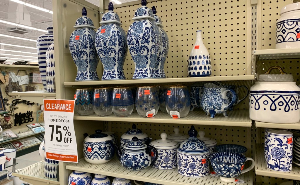 display of clearance blue white decor at Hobby Lobby