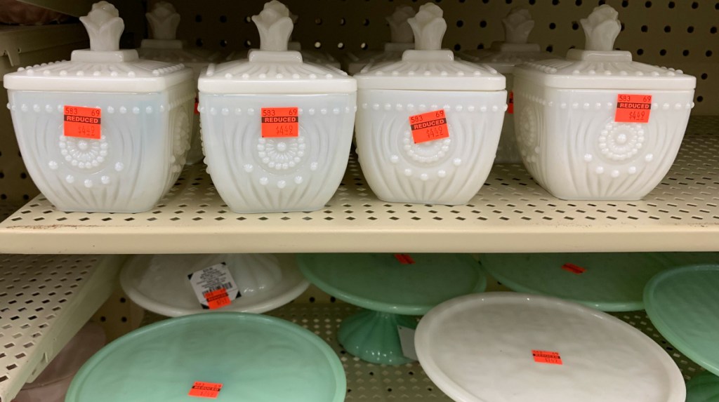 clearance milk glass collection at Hobby Lobby