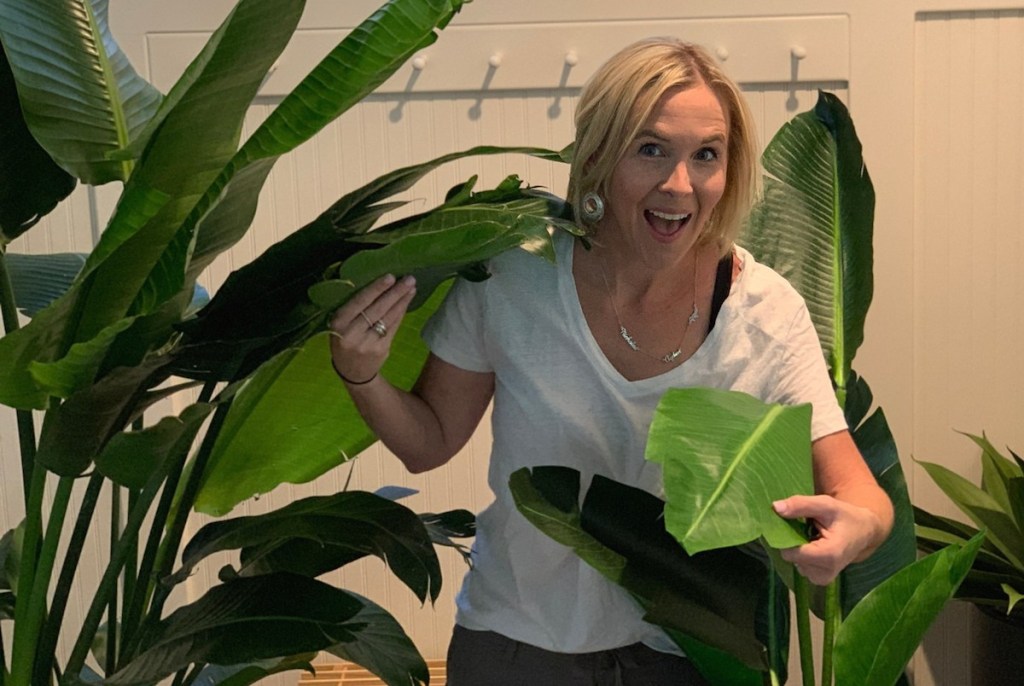 woman holding large green plant leaves